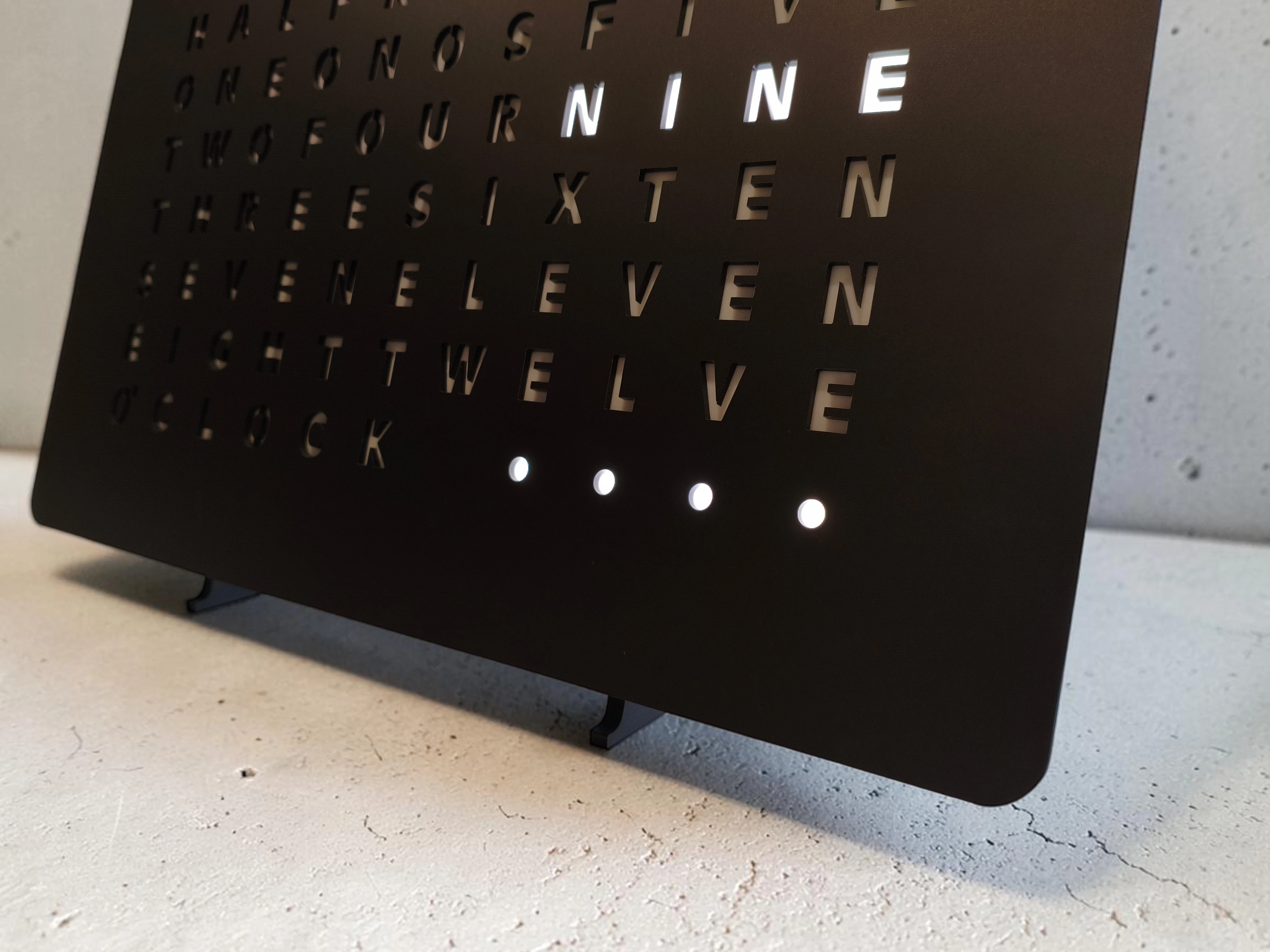 Macro of the four lit minute dots on the English edition
