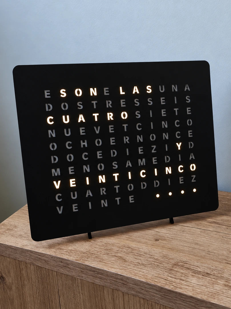 LumosClock Spanish edition on a wooden sideboard against a soft blue wall