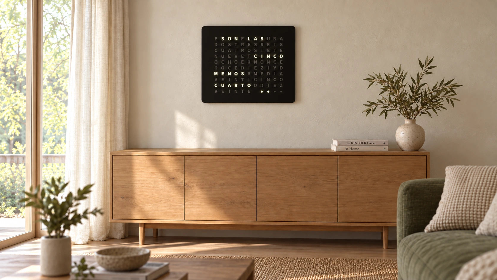 Reloj de palabras LumosClock, edición española, colgado en la pared de una cocina y comedor modernos